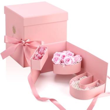 Imagem de AmazingSpark 2 peças, caixa de presente de flores para o dia das mães, caixa vazia em forma de letra com tampas rosa de duas camadas giratórias, recipiente floral para mãe, embalagem de doces de