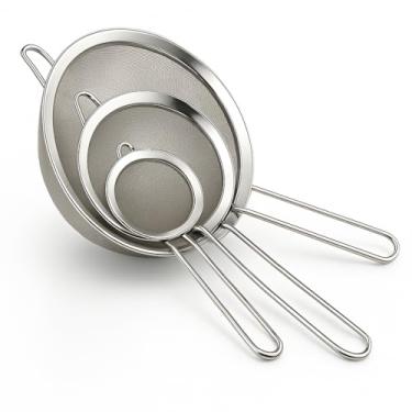 Imagem de Kit 3 Peneiras de Aço Inox – Tamanhos P, M e G – Malha Fina para Coar, Peneirar e Polvilhar – Confeitaria, Panificação e Cozinha Doméstica