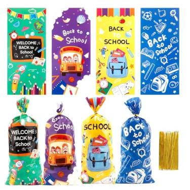 Imagem de Sacos de guloseimas de celofane de volta às aulas, 120 peças de sacolas de presente de volta às aulas, bolsa transparente para o primeiro dia das aulas com laços torcidos para decoração de festa de