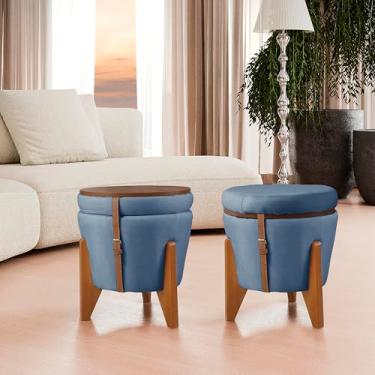 Imagem de Puff flex Linho Claro 3 em 1 Baú e Mesa de Centro Multifunções Organiza Rústico Maciço (Azul)