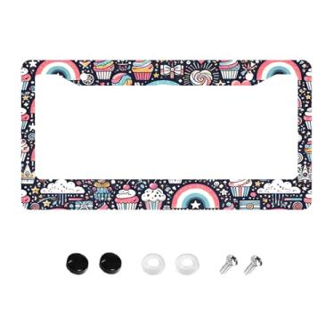 Imagem de GUWEI Molduras de placa de licença design colorido cupcakes pirulitos arco-íris nuvens suporte para placa de carro capa de etiqueta de carro acessório decoração com 2 furos parafusos para homens
