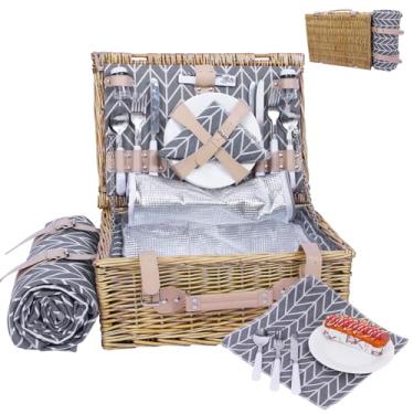 Imagem de Neti Neti Cesta de piquenique de vime para 4 pessoas com refrigerador isolado e cobertor impermeável – Grande cesto de piquenique de salgueiro para atividades ao ar livre, acampamento, praia