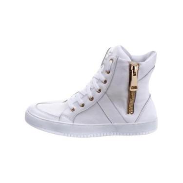 Imagem de Tênis Sneaker Cano Alto em Couro com Zíper Dourado Bawmi, Branco, 34