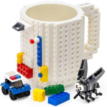 Imagem de TOYAMBA Caneca de tijolo embutida livre de BPA Caneca de café divertida com 3 pacotes de blocos de construção, copos divertidos para crianças - Caneca criativa de bloco de construção DIY Ideia 473 ml (branca)