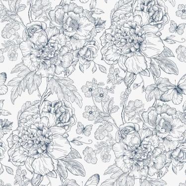 Imagem de Aniboo Papel de parede floral azul marinho boho moderno papel de contato para armários e gavetas papel de parede removível autoadesivo para quarto banheiro papel de contato azul à prova d'água 590 pol