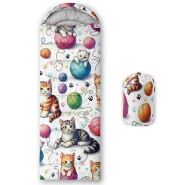 Imagem de QOOMO Sacos de dormir Kawaii com estampa de gato, 3 estações, clima quente e frio, leve, sacos de dormir à prova d'água para adultos e crianças, viagens e ao ar livre, equipamentos de acampamento