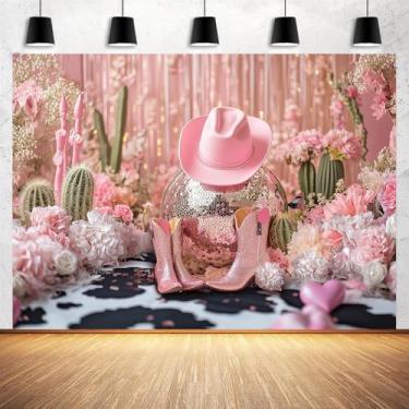 Imagem de Pano de fundo de festa de vaqueira ocidental com estampa de vaca rosa e preta, decoração de festa de aniversário de vaqueira, país do oeste selvagem, rosa choque, botas de aniversário para fotografia