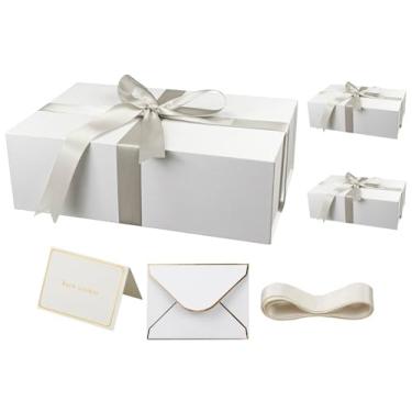 Imagem de YINUOYOUJIA Pacote com 3 caixas de presente brancas grandes com tampa, caixa de presente magnética de 35,5 x 23 x 11,4 cm com fita, cartões e envelopes para presentes, ótima para casamento