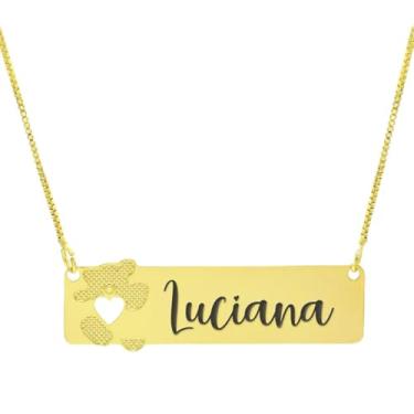 Imagem de Colar Personalizado Ursinho Coração Vazado Gravação Luciana Banhado Ouro 18K - 999012415