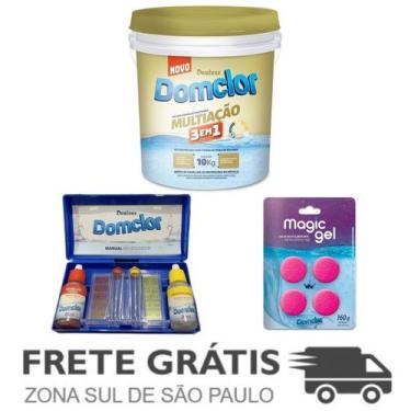 Imagem de Kit 1 Cloro Multiação 10 Kg, 1 Estojo PH 1 Magic Gel Domclor
