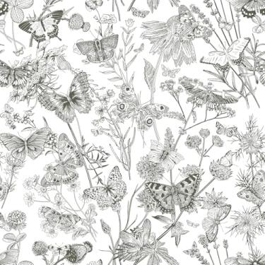 Imagem de CHIHUT Papel de parede de borboleta de 45 x 599 cm, papel de contato floral preto e branco para armários bancadas, papel de parede floral vintage autoadesivo para quarto de meninas rolo de vinil