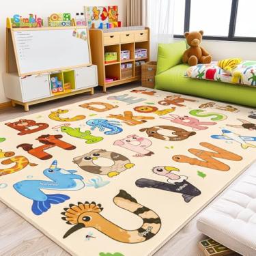 Imagem de Bolacrom Tapetes infantis para sala de jogos, tapete educativo para aprender o alfabeto ABC, macio, lavável na máquina, tapete de animal fofo antiderrapante para sala de aula, berçário, tapete de
