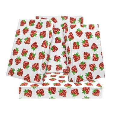Imagem de Morangos vermelhos doces realistas com sementes brancas e folhas de sépalas verdes em papel de embrulho branco, (76,2 x 50,8 cm por folha, 4 folhas, 1 design: 15 pés quadrados), embrulho de presente