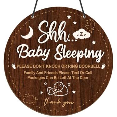 Imagem de Placa de campainha de bebê para porta da frente - Shejdgart Please Do Not Knock or Ring Shhh Cabide de porta de madeira sem solicitação para decoração de berçário, casa, quarto, escola