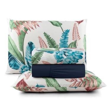 Imagem de Jogo de Cama Casal Box 4 Peças Micropercal 200 Fios com Lençol com Elástico e Fronhas – Toque Aveludado(Tropical)