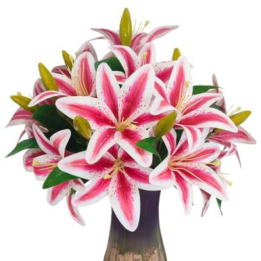 Imagem de Flores de lírios artificiais, 9 peças de flores de lírio falsas, ramos de lírio de tigre de 40 cm com 2 flores completas e 1 botão, plantas falsas de lírios falsos para arranjos florais de buquê de