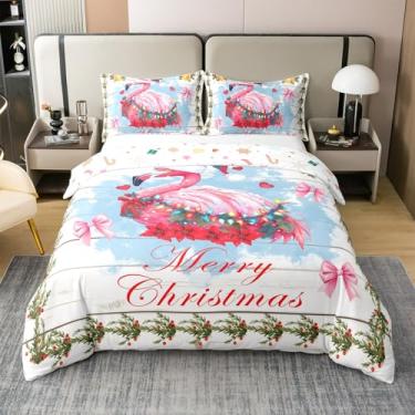 Imagem de Conjunto de capa de edredom tamanho casal flamingo 100% algodão puro rosa conjunto de capa de edredom com laço feminino (sem enchimento) conjunto de cama feliz natal 3 peças
