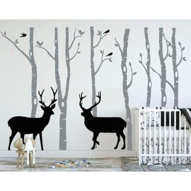 Imagem de Decalque de parede LUCKKYY Birch Tree Deer Nursery Forest (cinza)