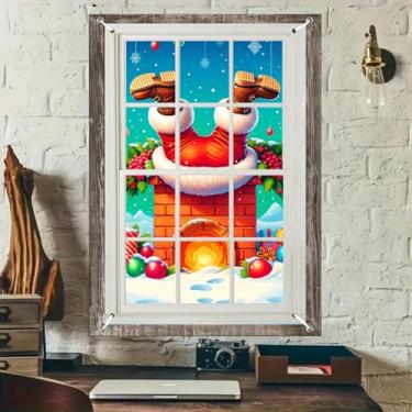 Imagem de BlissYard Capa de janela de Natal, Papai Noel preso na chaminé, 78 x 128 cm, decoração de Natal, pano de fundo engraçado de Papai Noel, painel de janela para pendurar na parede interna, foto de festa