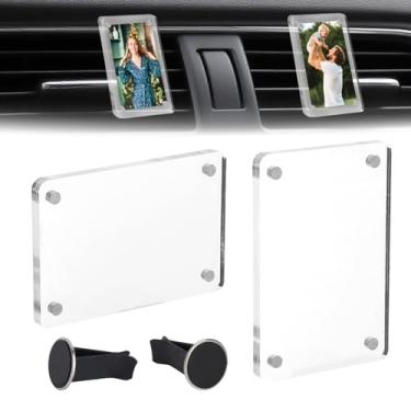 Imagem de 2 Peças Suportes Fotos Automóveis para Ventilação do Painel, Clipe Magnético em Acrílico Moldura de Fotografias Display Horizontal ou Vertical Serve para Fotos Tamanho Carteira de 9x6 cm