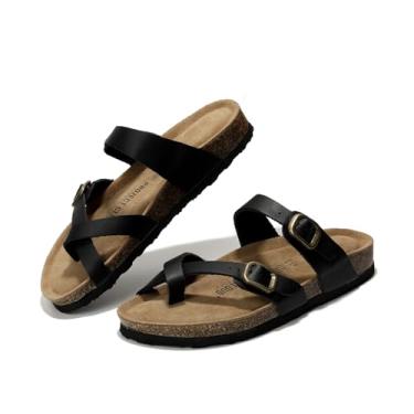 Imagem de Project Cloud Sandálias femininas de couro genuíno – confortável palmilha de cortiça com espuma viscoelástica praia Essential Summer Sandals para mulheres 2025 (Lian), Preto, 7.5 Wide