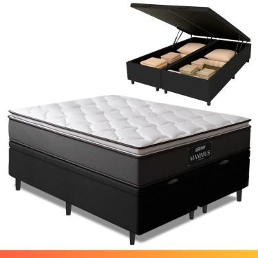 Imagem de Cama Box Baú Casal Queen Colchão Molas Ensacadas Pillow Top Maximus 158x198x69cm Cinza/Preto Gazin Cinza/Branco