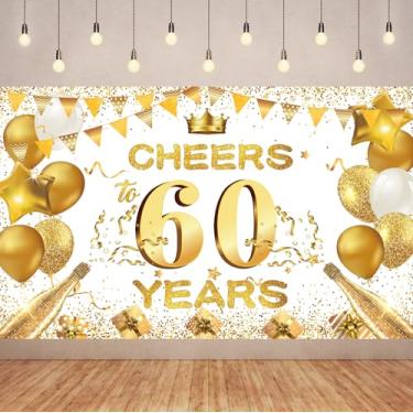 Imagem de Decorações de aniversário de 60 anos de ouro branco - Pano de fundo de faixa de aniversário de Cheers to 60 anos, suprimentos de festa com glitter para mulheres e homens, placa grande reutilizável