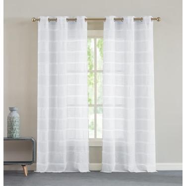 Imagem de Cortinas transparentes para janela 2 painéis 96,5 cm L x 213,4 cm C (193 cm L) Cortinas texturizadas de linho e cortinas para sala de estar, quarto, cortinas de fazenda, decoração boho, tratamentos de