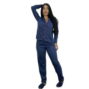 Imagem de Pijama Adulto Feminino Aberto Americano Manga Longa - Nannamia, Azul, 