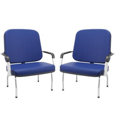 Imagem de Kit 02 Cadeiras De Escritório Recepção Com Braço Fixa Cromada Magno P03 Vinil Azul - Lyam Decor