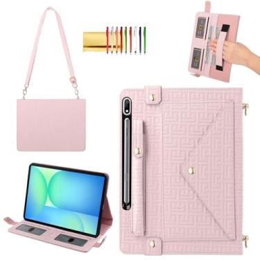 Imagem de Capa de mão para Samsung Galaxy Tab S10 FE+/Plus 33.3 cm, Techcircle elegante capa tipo carteira com suporte para lápis, compartimentos para cartões, alça de mão, alça de ombro, rosa bebê