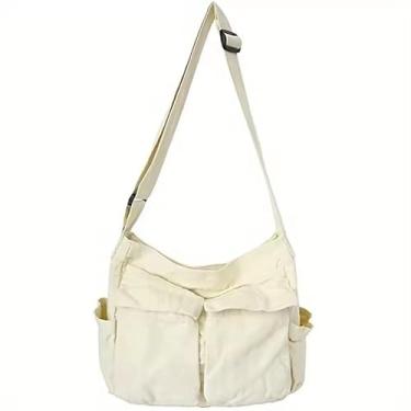 Imagem de Bolsa tiracolo mensageiro Crossbody de lona moda feminina masculina bolsas de grande capacidade (Branca)