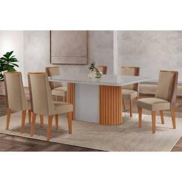 Imagem de Mesa Cozinha Pilar c/ Tampo Madeirado c/ Vidro Canto Curvo 180x90cm e 6 Cadeiras Tilia Madeira Maciça Naturale/Off White - Capuccino/Linho Bege-Rufato
