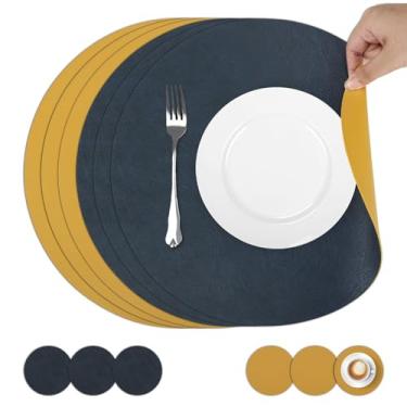 Imagem de comfoyar Jogo americano redondo azul de dois lados e porta-copos conjunto de 6 conjuntos de jogos americanos de couro PU, resistentes ao calor à prova d'água para decoração de mesa de festa de sala de