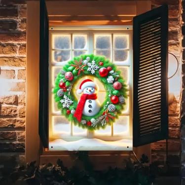 Imagem de BlissYard Capa de janela de Natal, guirlanda de boneco de neve, 78 x 128 cm, ramos de pinheiro verde, bolas de Natal, flocos de neve, pinhas, frutas vermelhas, faixa de janela de feriado, decoração de