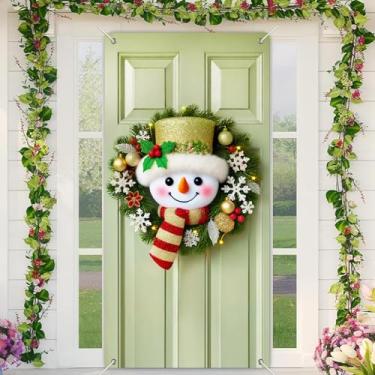 Imagem de BlissYard Capa de porta de Natal, design de guirlanda de cabeça de boneco de neve, faixa festiva para porta da frente, para decoração de parede interna e externa, tecido de poliéster, capas de