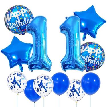 Imagem de Conjunto de balões de alumínio de 11º aniversário azul para crianças de 11 anos, decoração de festa de aniversário de 11 anos, adereços de fotos