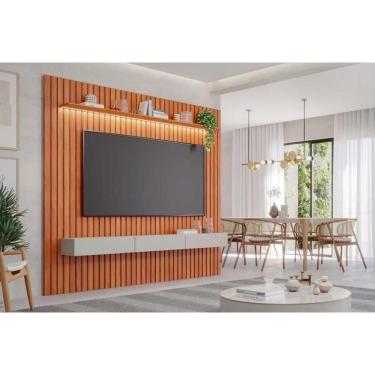 Imagem de Home P/ Tv Até 84 Pol Maragogi 2.3 Ripado C/ Led 1 Porta Basculante E 2 Gavetas 230x220cm Cinamomo/off White - Permóbili