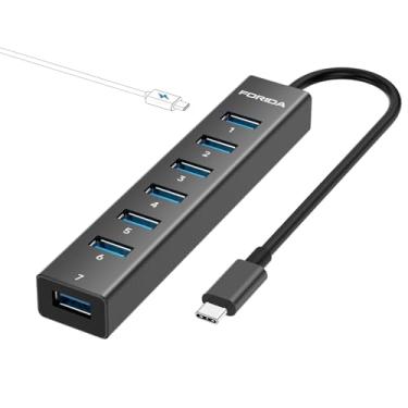 Imagem de FORIDA Hub USB C - 8 portas USB com 7 portas de dados USB3.0, divisor USBC de liga de alumínio com porta de alimentação tipo C 5V/3A, compatível com MacBook, iPad, Surface Pro, XPS, laptop, PC (preto
