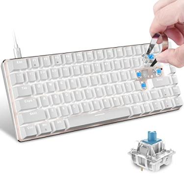 Imagem de Teclado mecânico para jogos 60% mecânico, compacto de 82 teclas, com luz traseira de LED branco, cabo tipo C removível, design ergonômico, para jogadores de PC com Windows (interruptor azul, branco)