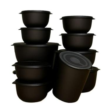 Imagem de Conjunto de 10 saladeiras ou 5 saladeiras + jarro de 1,8 litros Saladeiras de cozinha Recipientes plásticos para armazenamento de alimentos (10 Preto + Jarra)