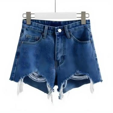 Imagem de Shorts De Denim Brancos De Cintura Alta Com Franjas E Rasgos Para Mulh