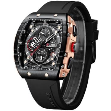 Imagem de FORSINING Relógio esportivo masculino de quartzo Tonneau, cronógrafo/cronômetro com mostrador de data, pulseira de silicone à prova d'água em forma de barril, 6 cores esportivas, Preto