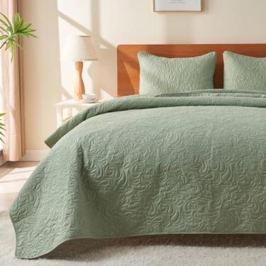 Imagem de JYHOPE Conjunto de cama de solteiro, 1 edredom de verão, 2 fronhas, colcha de microfibra leve e macia para todas as estações (estampa floral - verde sálvia, casal/queen (86 x 90))