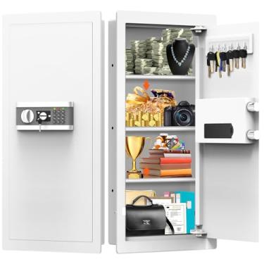 Imagem de Cofre de parede à prova de fogo de 80 cm de altura entre os parafusos centrais de 40,64 cm, cofre de parede oculto com 3 prateleiras removíveis e modo silencioso, suporte de parede resistente seguro