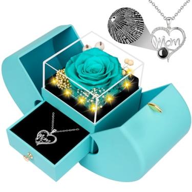 Imagem de Presentes para mãe de filha e filho, ideia única de presente de aniversário para mãe, preservada, azul marinho, rosas reais com eu te amo em 100 idiomas colar para mãe, presente legal para mãe e mamãe
