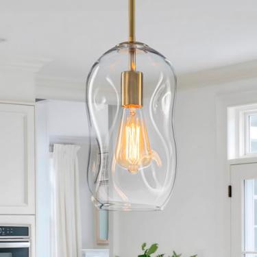 Imagem de GoYeel Luminária pendente - 1 pacote de luzes pendentes de vidro soprado, acabamento dourado de 29 cm de altura orgânico de iluminação pendente de vidro para corredor de ilha de cozinha