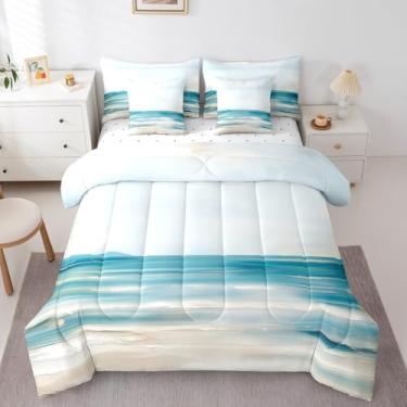 Imagem de Erosebridal Conjunto de edredom de praia abstrata, 7 peças, solteiro, azul-petróleo, pintura a óleo, para crianças, meninos, meninas, oceano, mar, onda, lago, cama, verão, natureza, paisagem, casa de