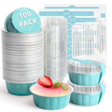 Imagem de Ruckae 100 peças de mini formas redondas de 227 g com tampas, mini formas de bolo com tampas, copos descartáveis de ramequins de alumínio para festa de aniversário, casamentos (azul claro, 227 g)