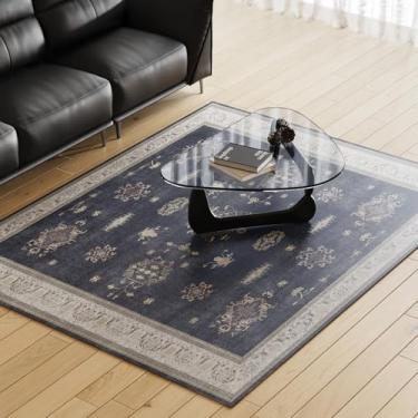 Imagem de FUNMAT Tapete de vinil, tapete antiderrapante para sala de estar, sala de estar, impermeável, tapete lavável resistente a manchas para sala de estar, cozinha, entrada, preto e roxo